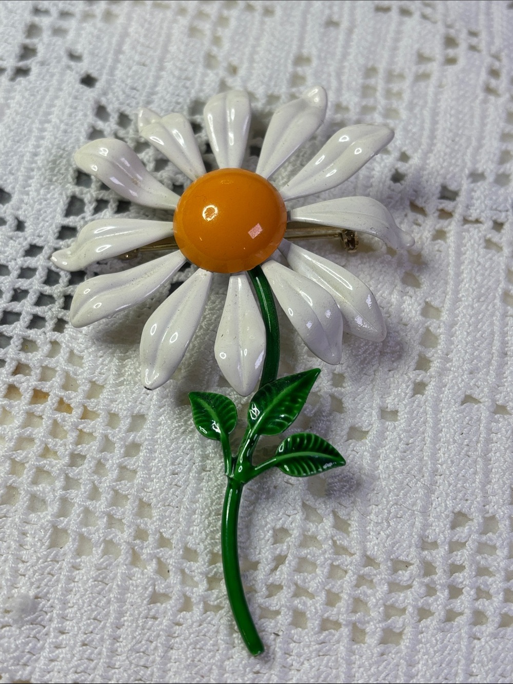 Lovely Enameled Daisy Brooch in White, Orange & Green